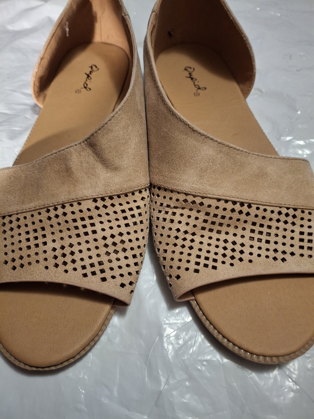 Cupid Women's Tan Perforated D'Orsay Slide Flats